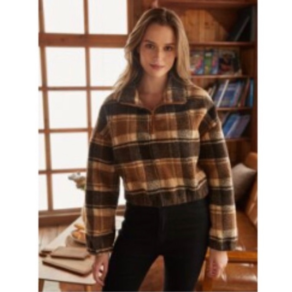 ROMWE 🤎 1/2 Zip Crop Plaid Teddy Jacket - Picture 12 of 14